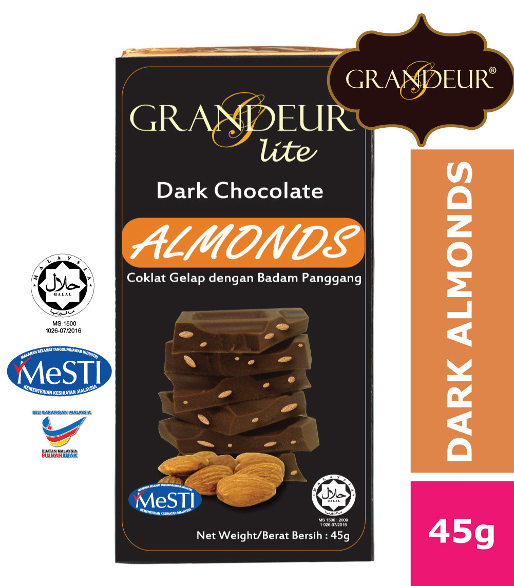 GRANDEUR Dark Chocolate Bar With Almonds 45g Coklat Langkawi Murah Borong Sedap Halal