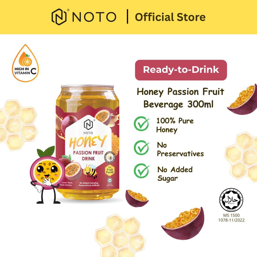 NOTO Honey Drink - Passion Fruit (Markisa) Ready-to-Drink Natural Beverage (300ml x 1)