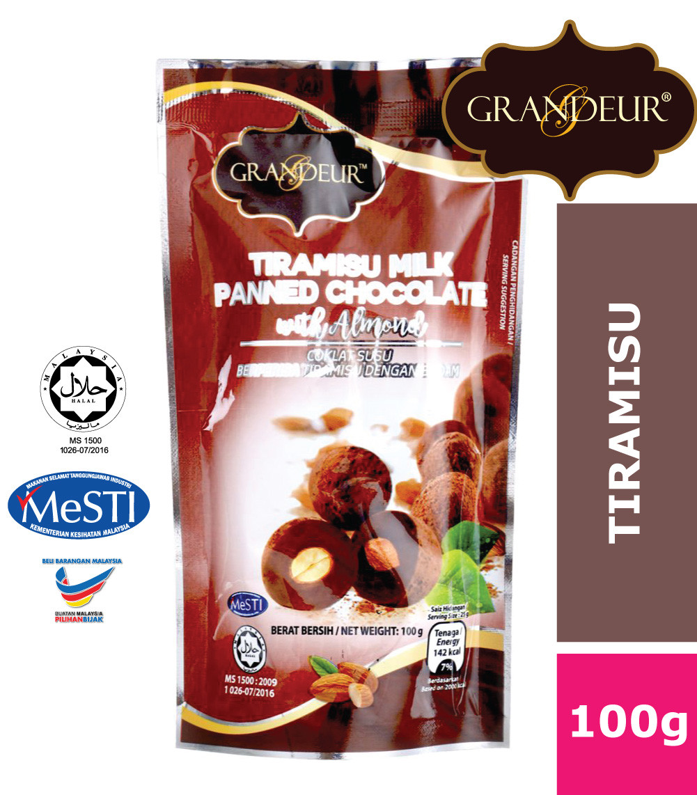 GRANDEUR Tiramisu Milk Panned Chocolate With Almond 100g Coklat Langkawi Murah Borong Sedap Halal