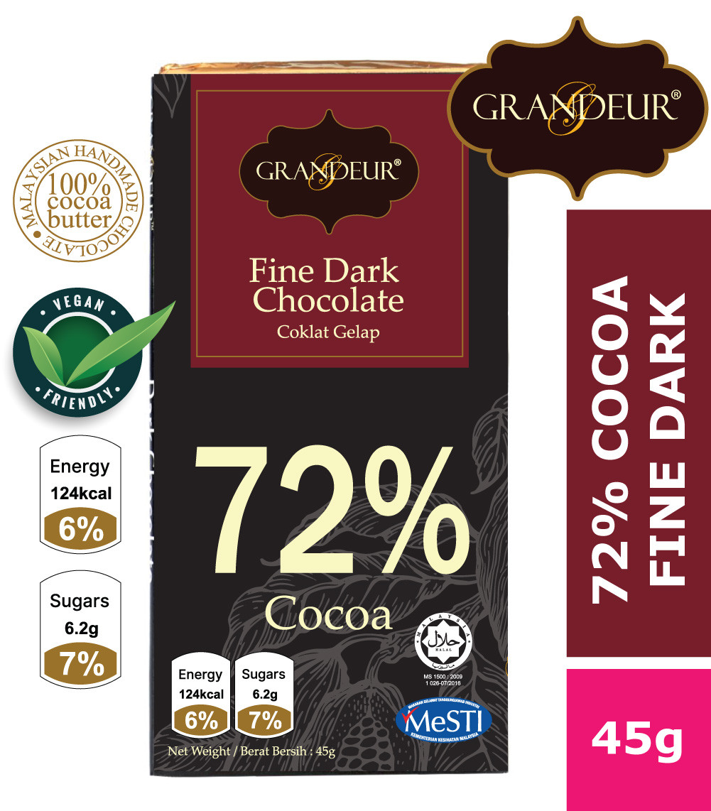 GRANDEUR 72% Cocoa Fine Dark Chocolate Bar 45g Coklat Langkawi Murah Borong Sedap Halal