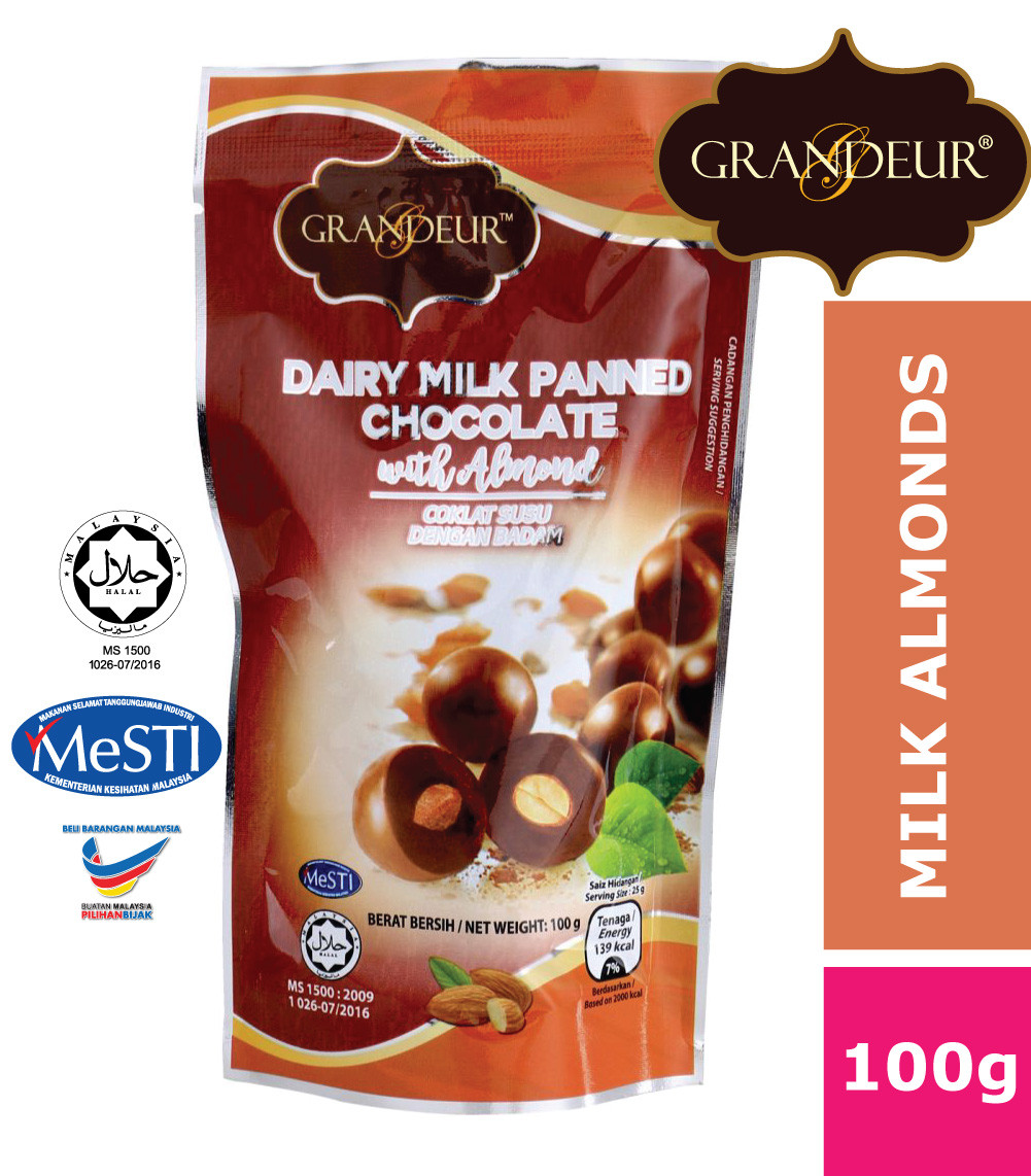 GRANDEUR Dairy Milk Panned Chocolate With Almond 100g Coklat Langkawi Murah Borong Sedap Halal