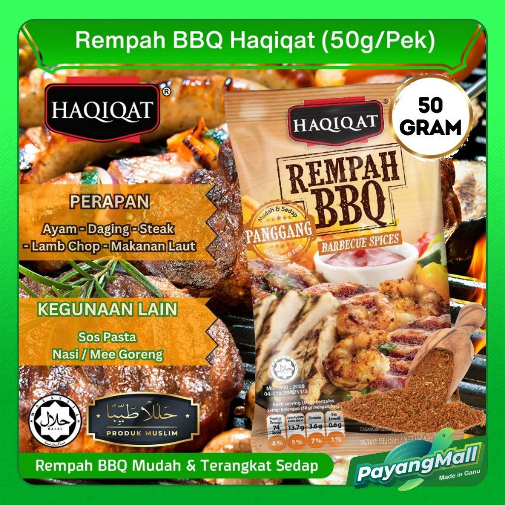 𝙋𝙖𝙮𝙖𝙣𝙜 𝙈𝙖𝙡𝙡 Rempah BBQ Haqiqat BBQ Seasoning Powder untuk perapan Ayam, Daging, Steak, Lamb-chop & Makanan laut [50Gm]