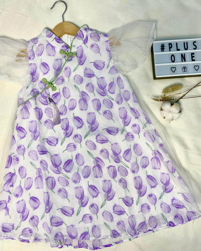 6-8Y Kids Girl Purple Tulip Elegant Dress | Adik Perempuan Cantik Dahlia Tulip Ungu Dress