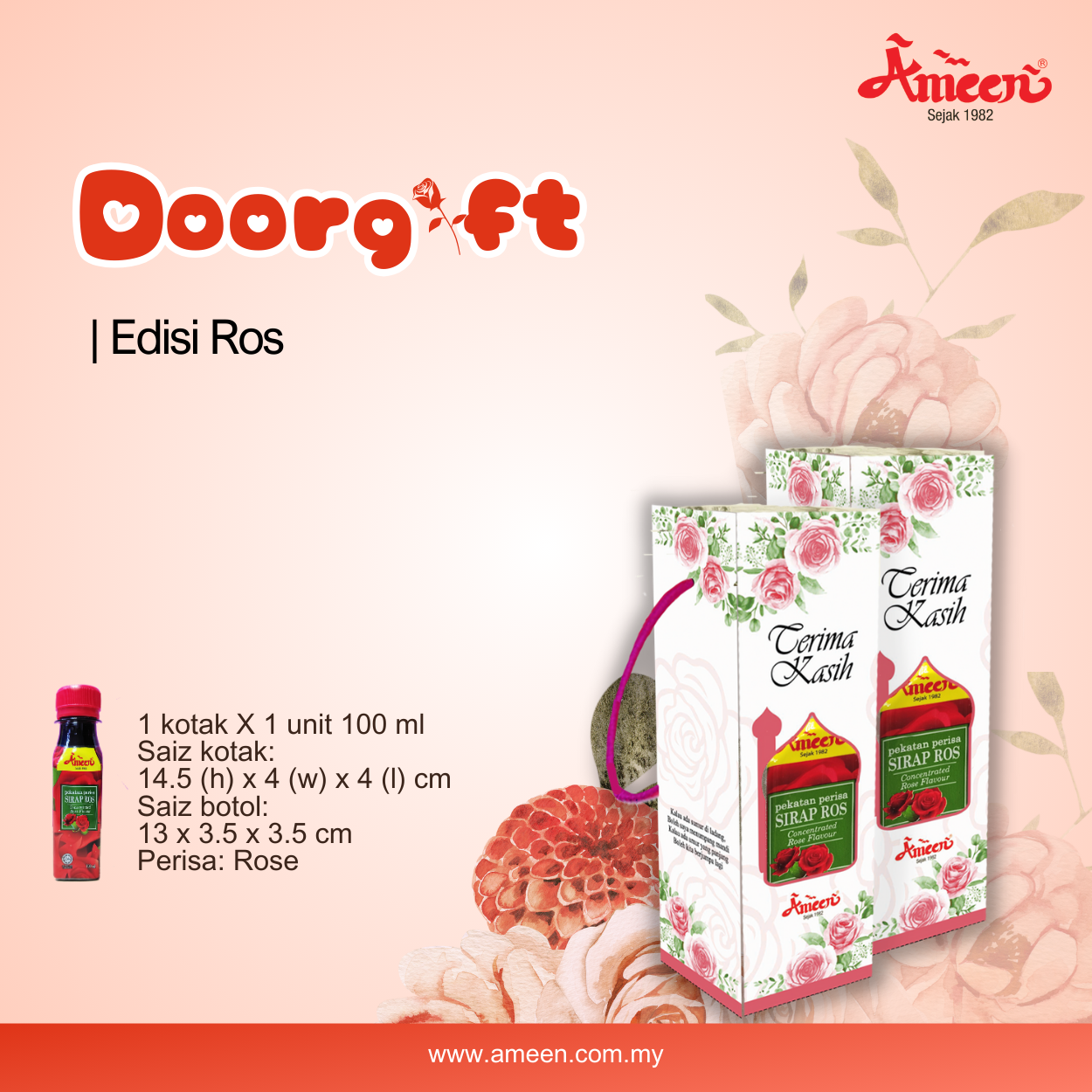 Ameen Doorgift Sirap Berperisa Ros 100ml + kotak gift 36 botol