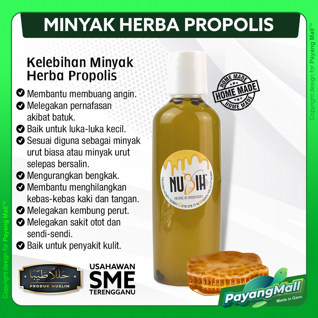 𝗣𝗔𝗬𝗔𝗡𝗚 𝗠𝗔𝗟𝗟  Minyak Urut Herba Propolis Buang Angin / Pernafasan / Luka Kecil / Sakit Sendi dan Bengkak by Dniq Nubih