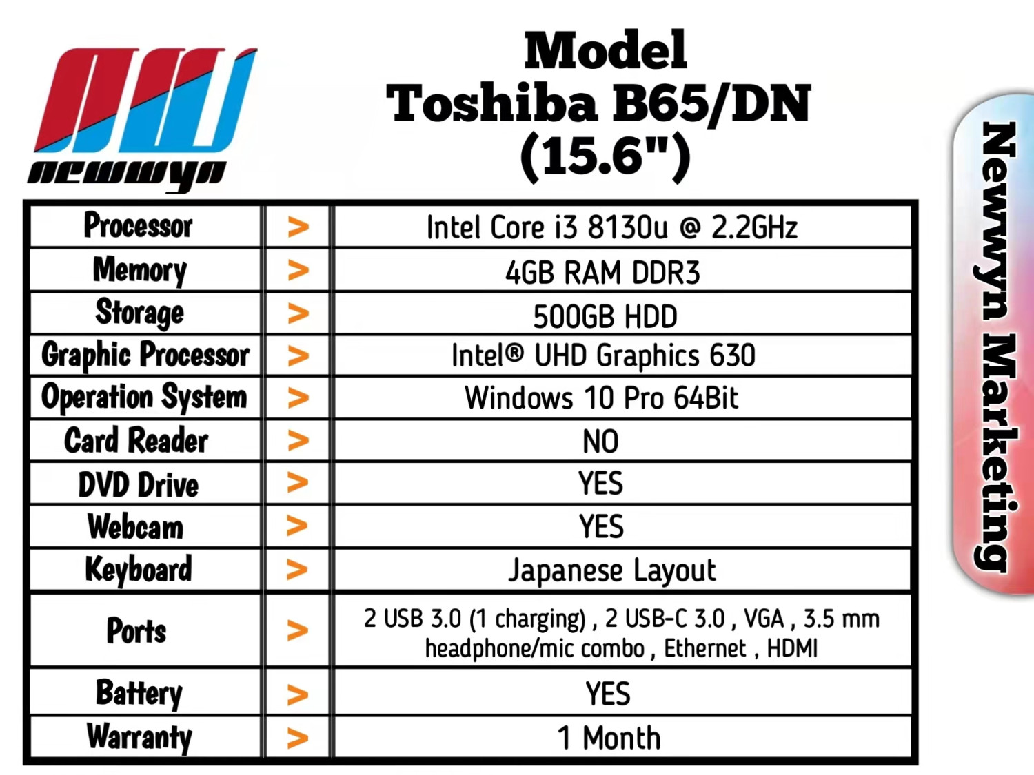 Newwyn Toshiba 15 inch Dynabook B65DN Intel Core i3-8thgen Newwyn Toshiba 15 inch Dynabook B65DN Intel Core i3-8thgen