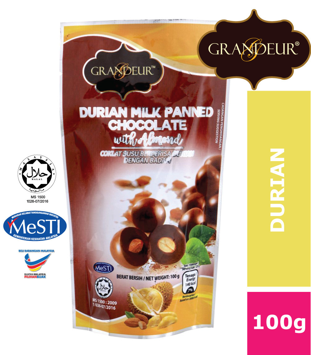 GRANDEUR Durian Milk Panned Chocolate With Almond 100g Coklat Langkawi Murah Borong Sedap Halal