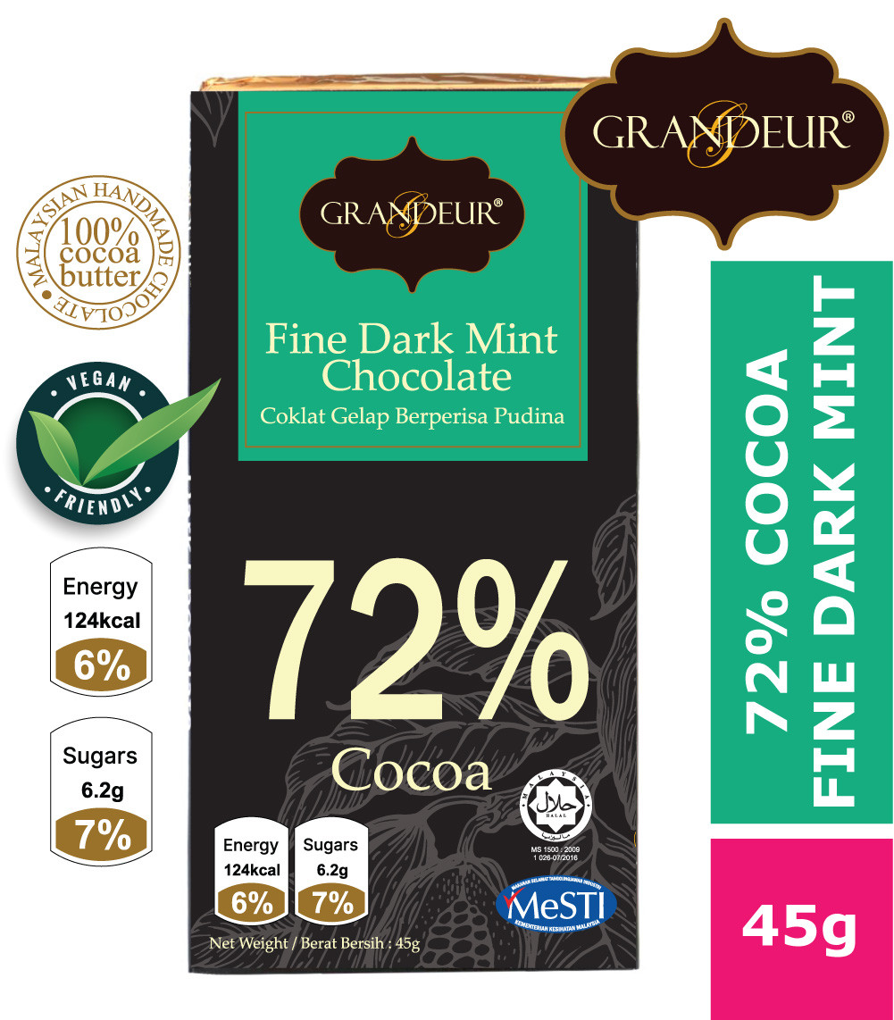 GRANDEUR 72 Cocoa Fine Dark Mint Chocolate Bar 45g Coklat Langkawi Murah Borong Sedap Halal