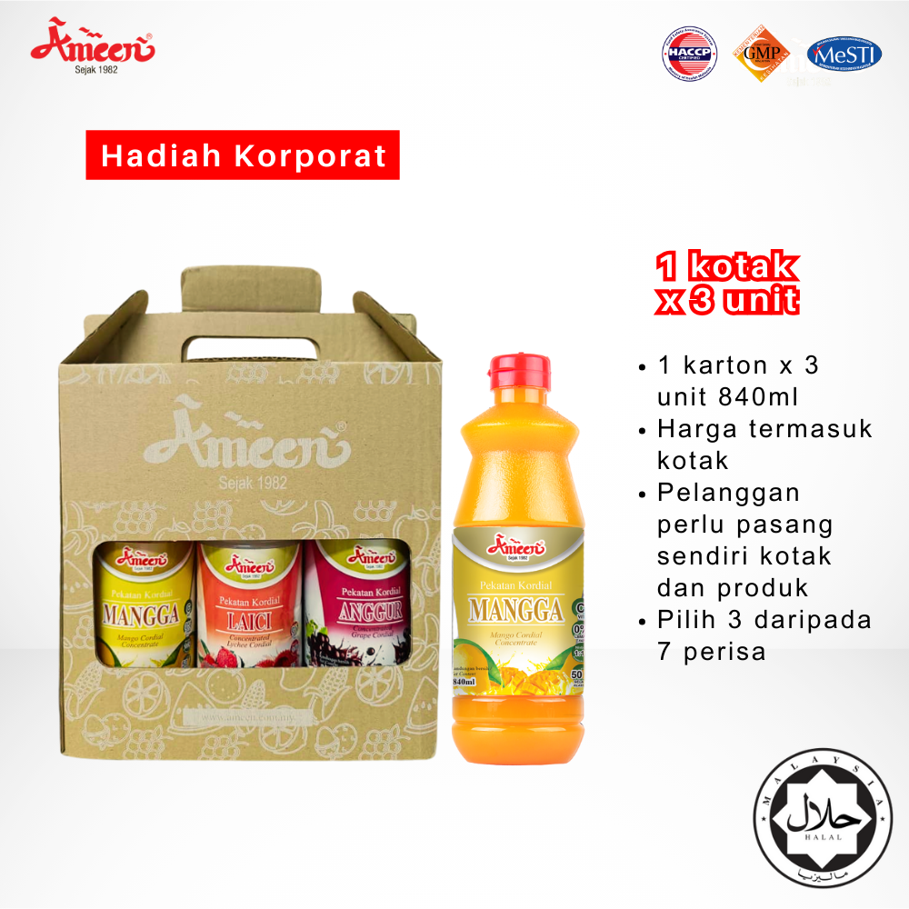 Ameen Doorgift Kordial berperisa 840ml + kotak gift 3 botol